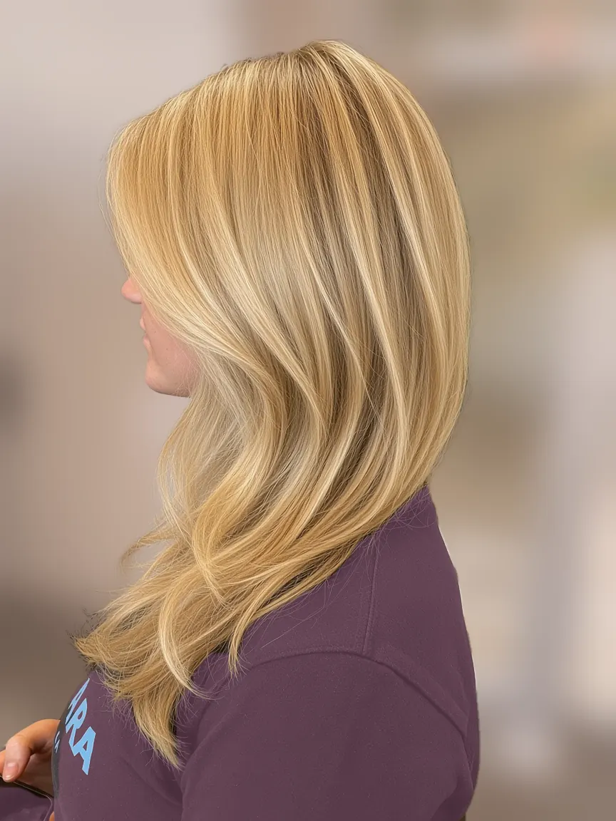 Long golden blonde balayage and soft layers by Santa Barbara colorist Lana